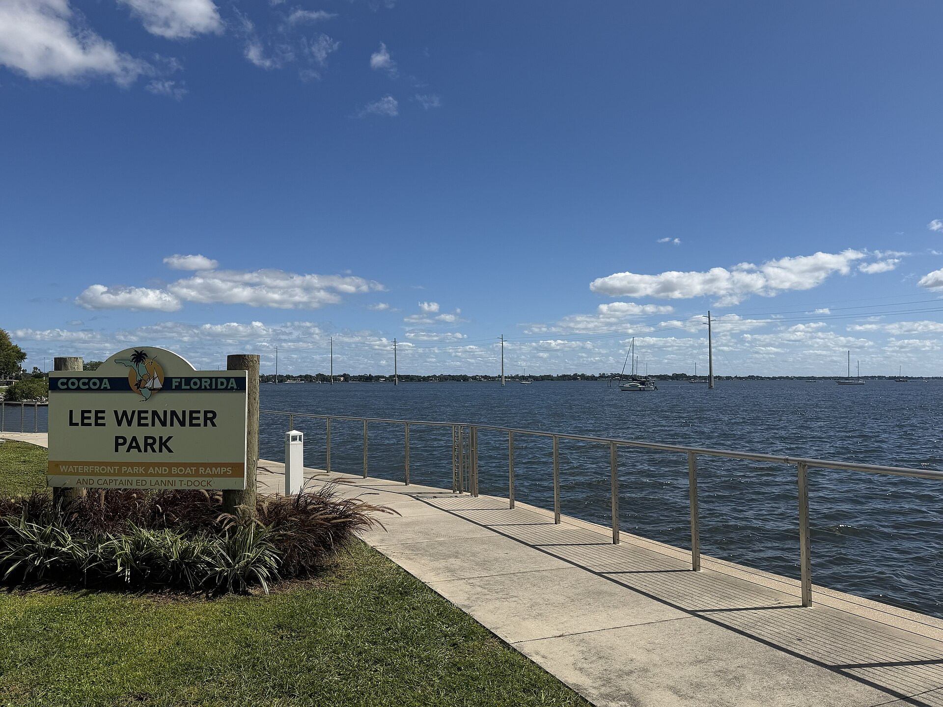 The Cocoa waterfront at Lee Wenner Park on the Indian River Lagoon, near the foot of Cocoa Village where the ferry docks once stood.