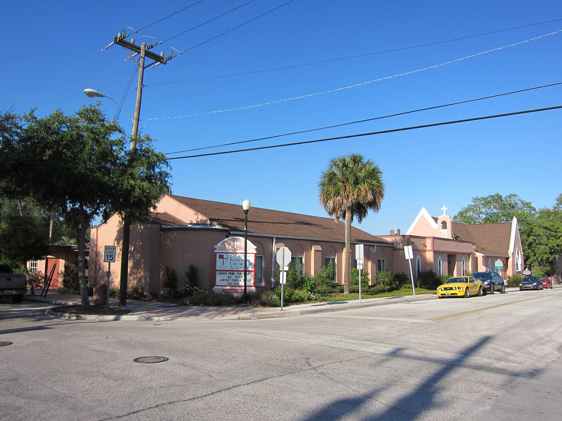 St. Mark's Episcopal Church on Church Street in Cocoa, Florida, one of the city's oldest standing institutional buildings from the era when its first one-room schools were operating.