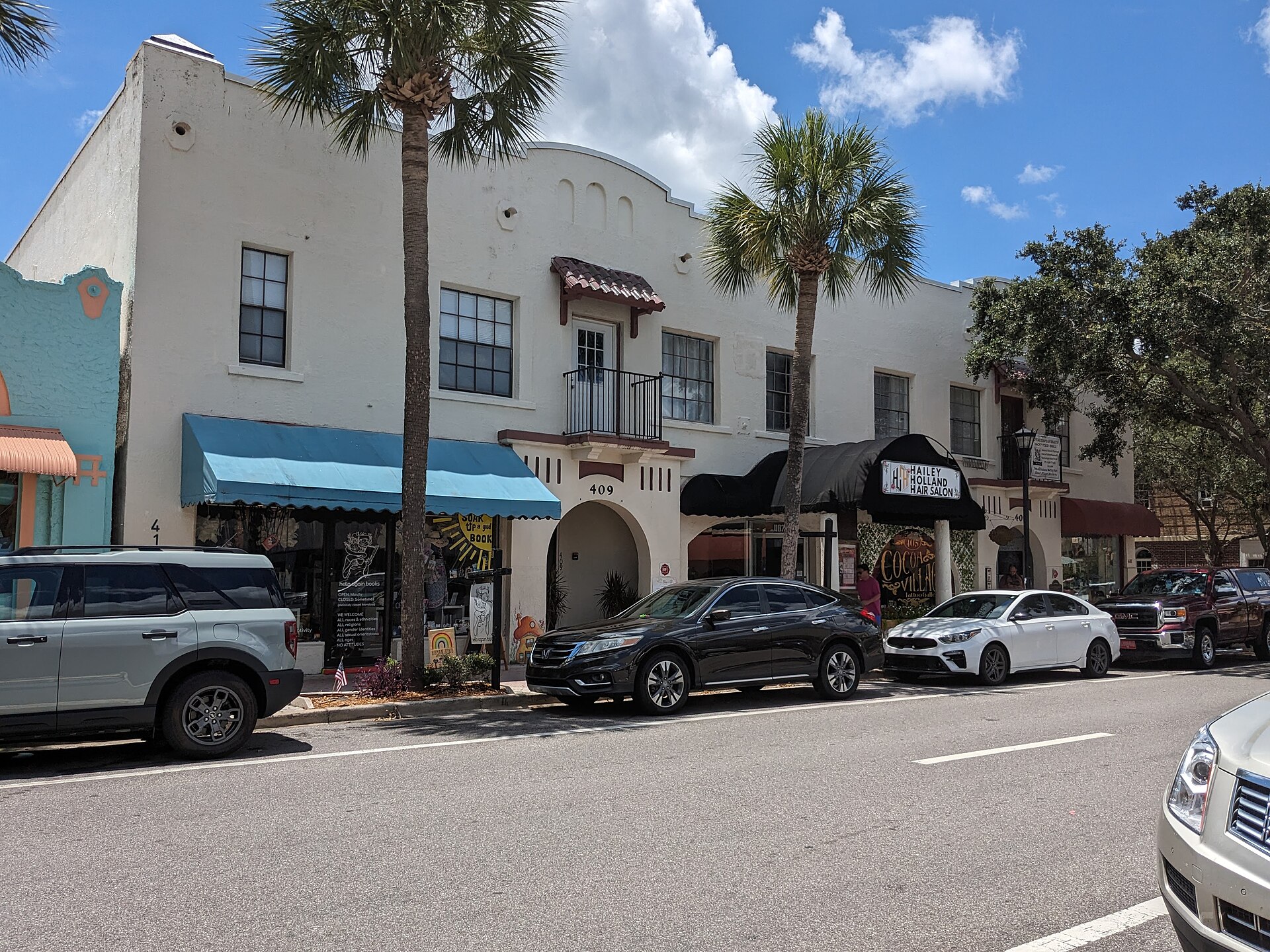 411-403 Brevard Avenue in Cocoa Village, a surviving commercial block from the boom era.