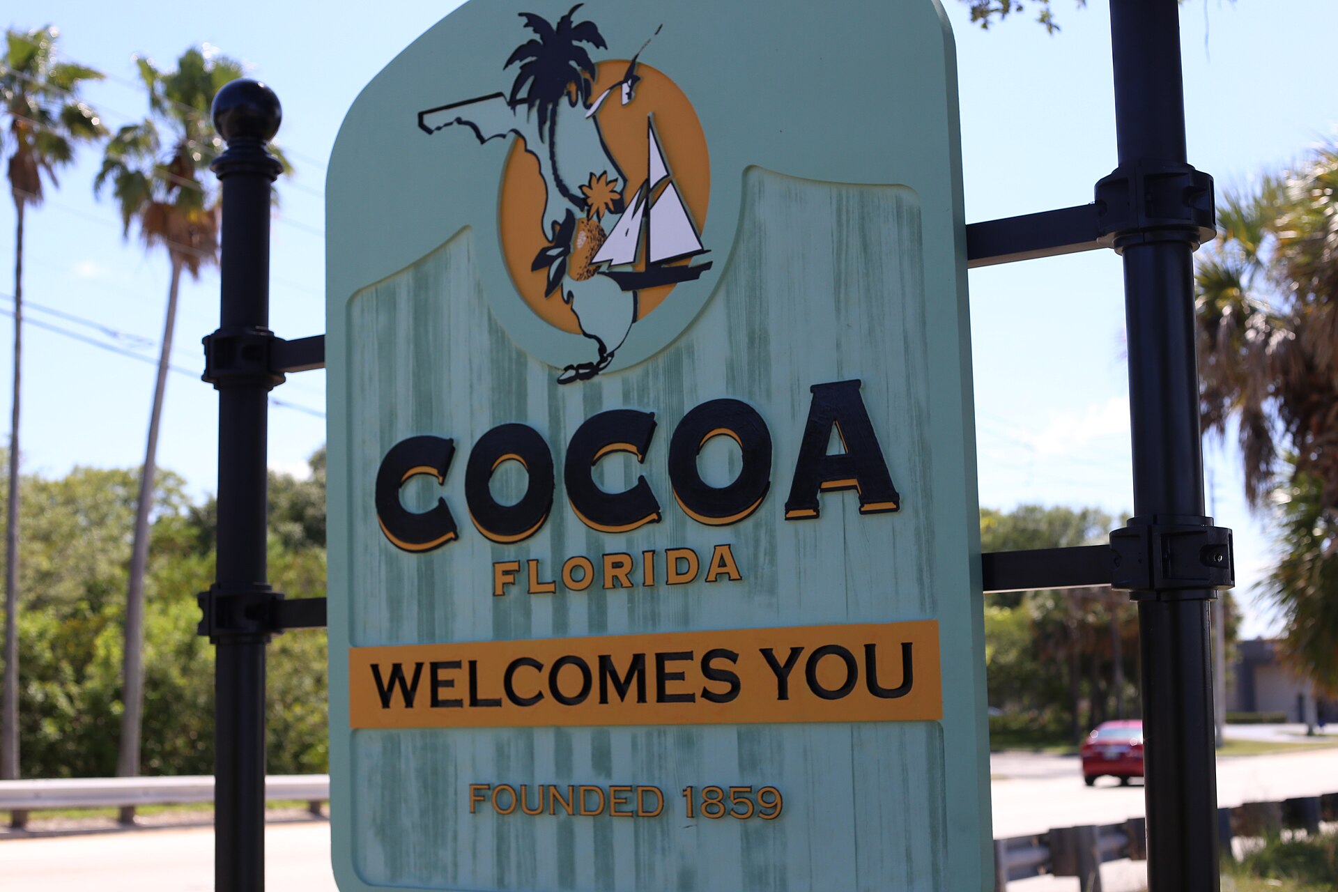 A 'Cocoa Welcomes You' sign at the entrance to the City of Cocoa, the mainland Brevard County city this site covers.